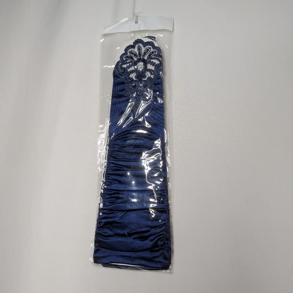 New Womens Navy Blue Satin Beaded Embroidered Fingerless Gloves One Size